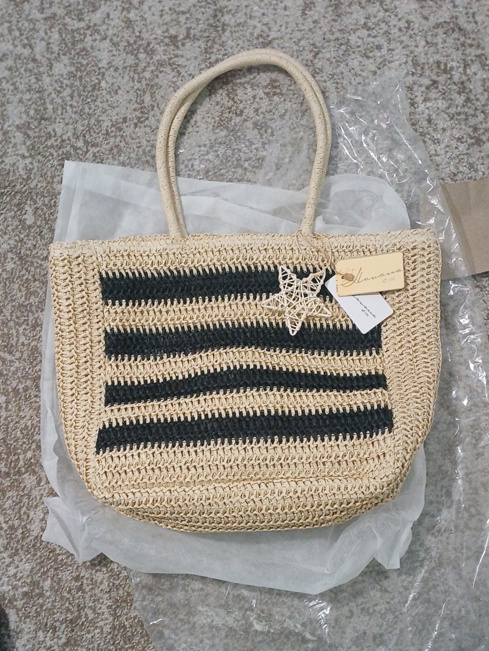 Straw Woven Tote Bag with Black Stripes